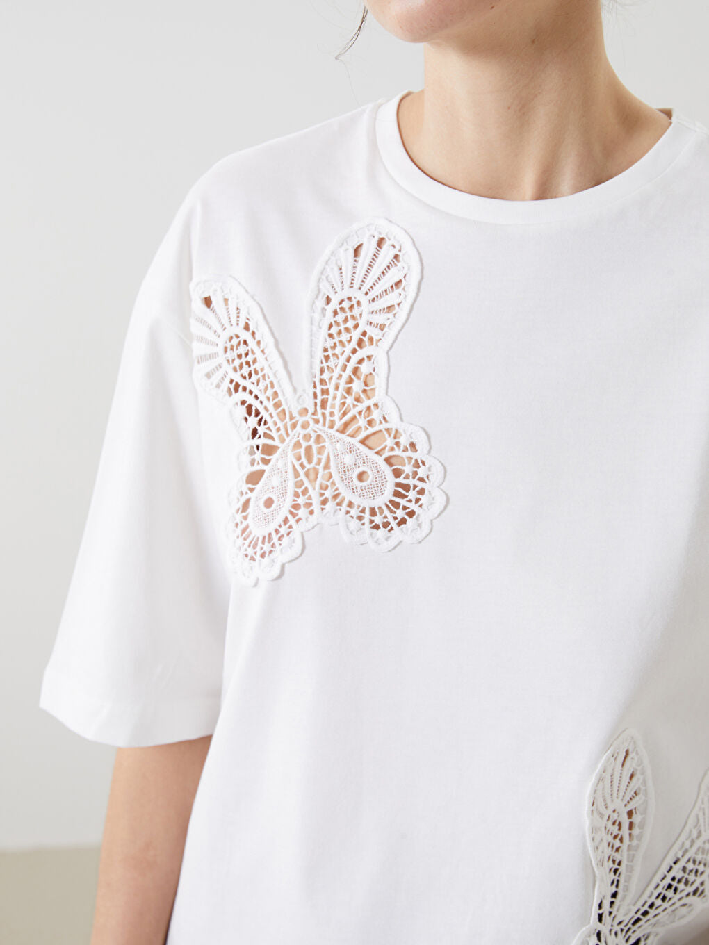 LCW Vision Ecru Crew Neck Embroidered Women T-Shirt