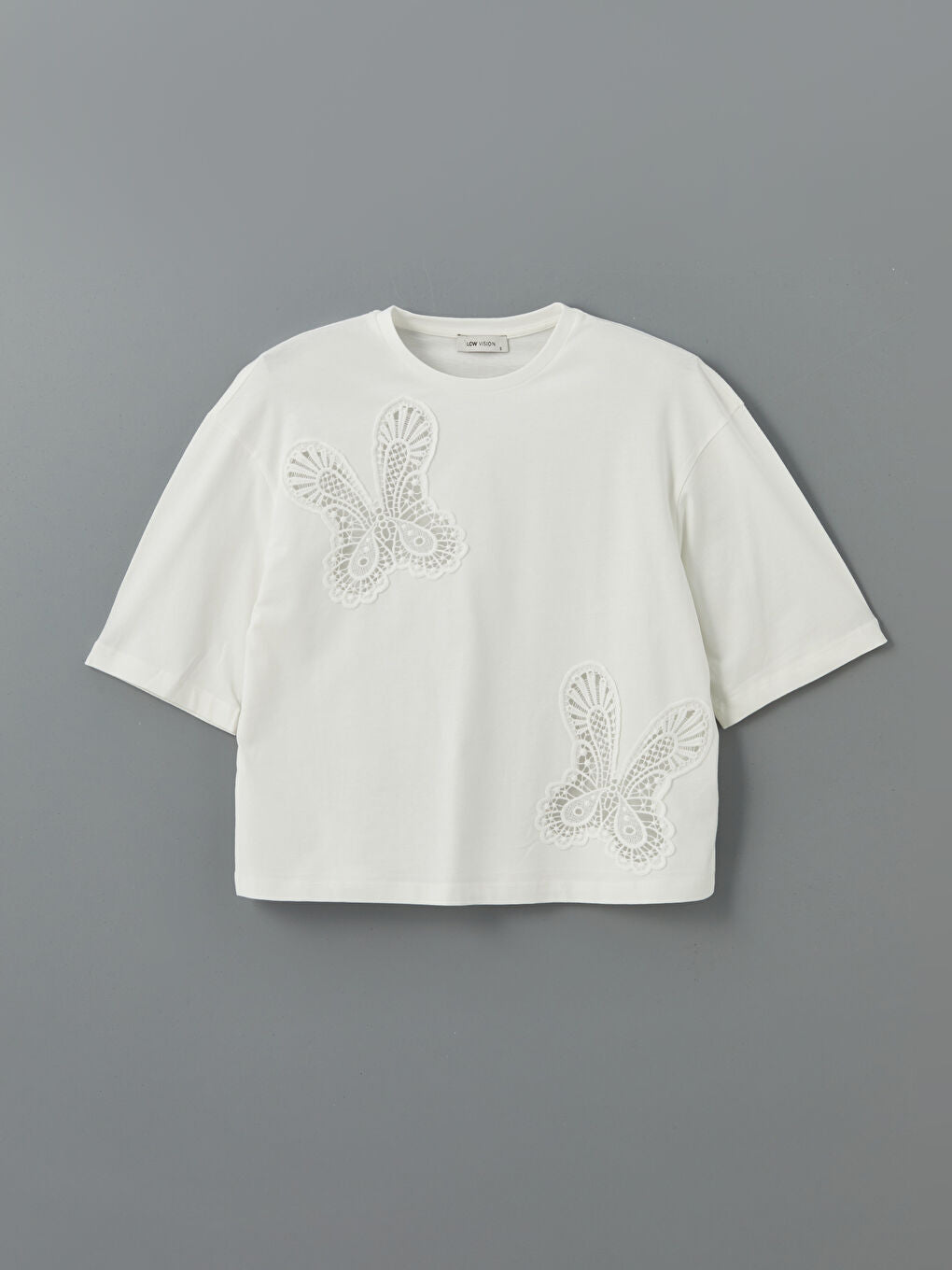 LCW Vision Ecru Crew Neck Embroidered Women T-Shirt