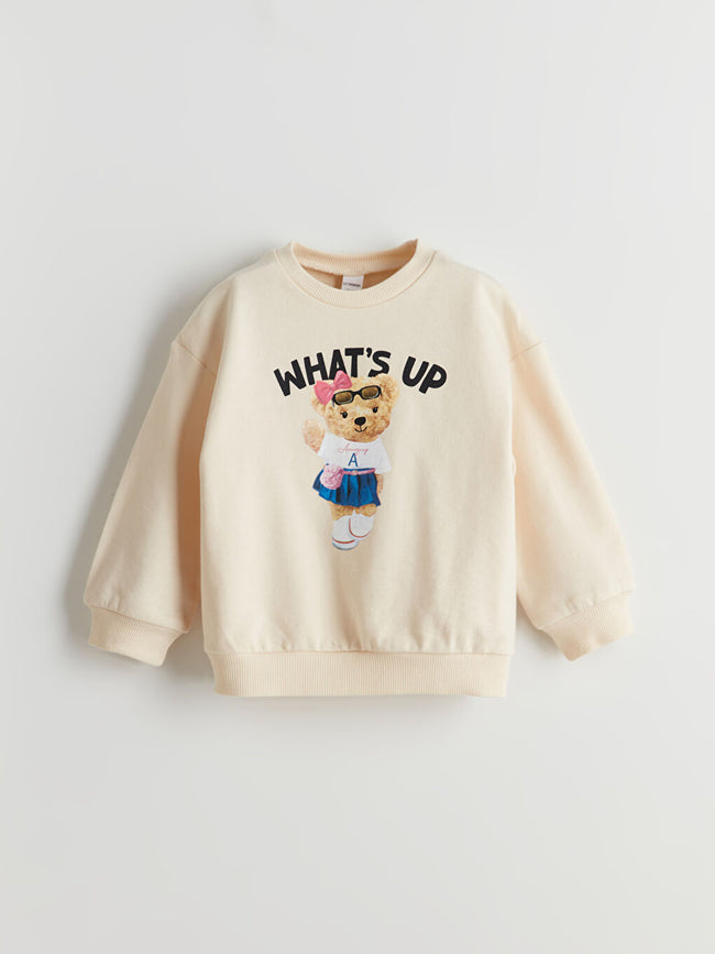 LCW Kids Beige Crew Neck Teddy Bear Printed Girls Sweatshirt Hover Image