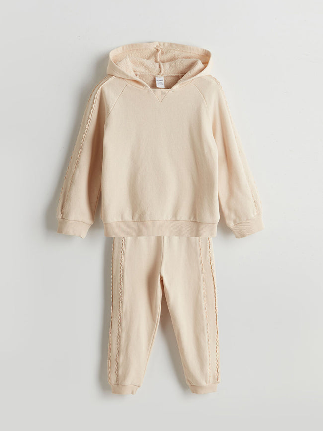 LCW Kids Beige Hooded Girls Sweatshirt and Tracksuit Bottom 2-Pack Hover Image