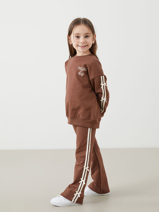 LCW Kids Brown Crew Neck Girl Printed Sweatshirt and Tights 2-Pack Main Image