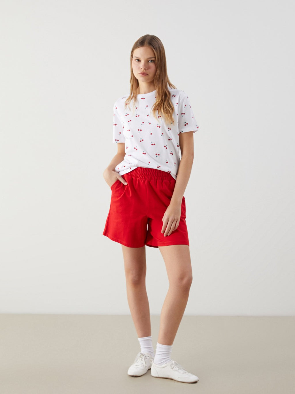 Xside Crew Neck Cherry Printed Women T-Shirt