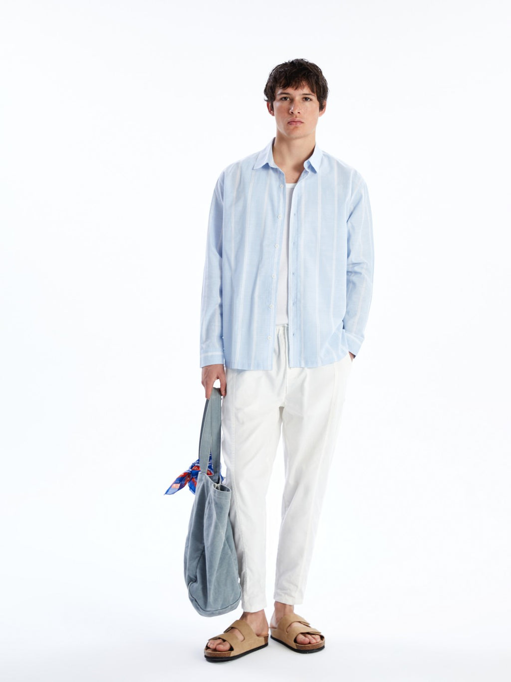 XSIDE White Relaxed Fit Long Sleeve Striped Poplin Men's Shirt