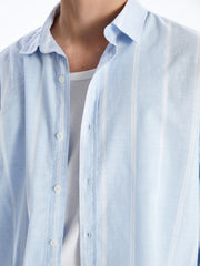 XSIDE White Relaxed Fit Long Sleeve Striped Poplin Men's Shirt