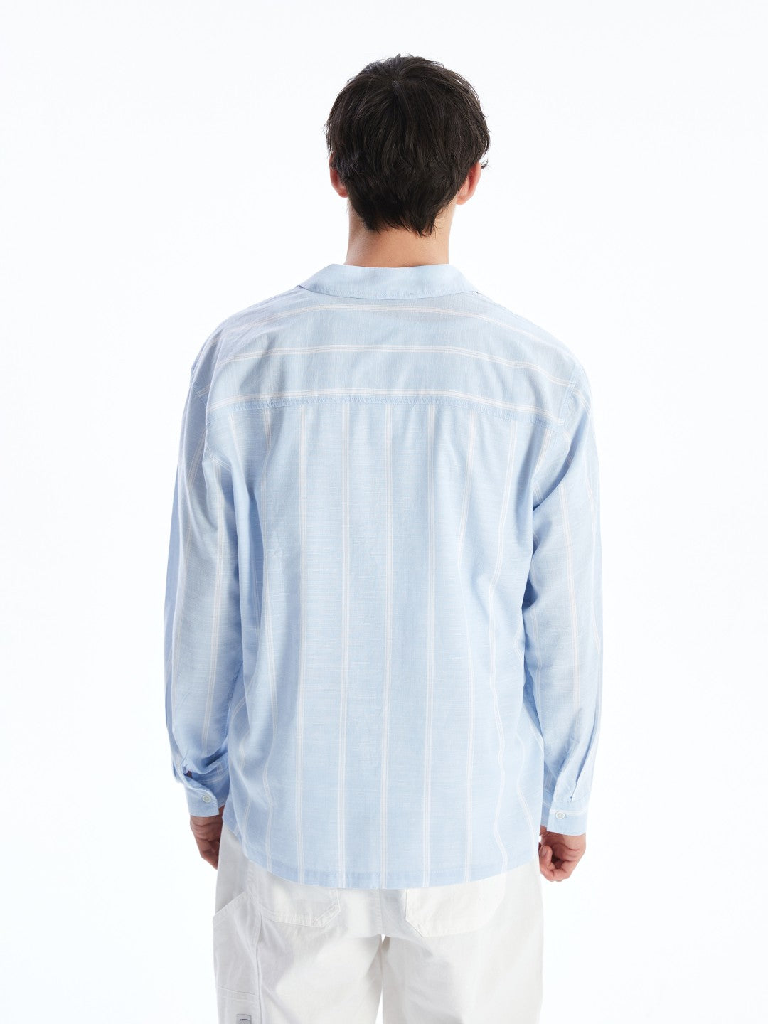 XSIDE White Relaxed Fit Long Sleeve Striped Poplin Men's Shirt