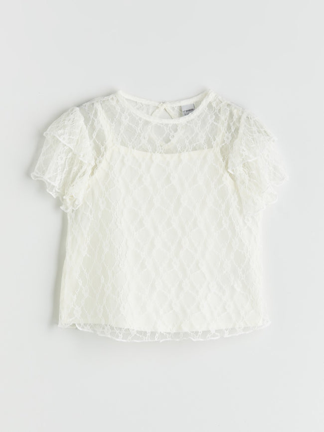 LCW Kids Crew Neck Lace Detailed GirlS Blouse Hover Image
