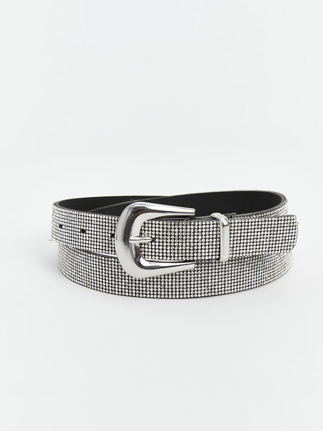 LCW ACCESSORIES Grey Shiny Stone Women Belt Hover Image