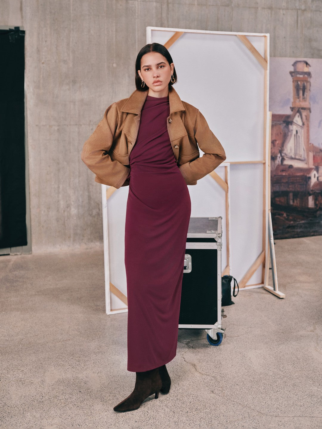 LCW Vision Red Stand Collar Gathered Detail Women Dress