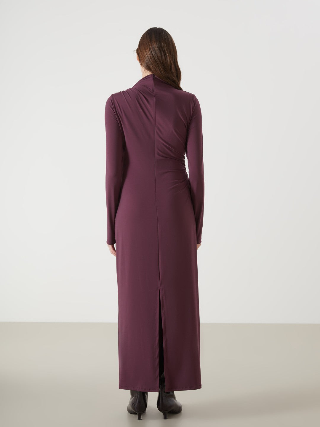 LCW Vision Red Stand Collar Gathered Detail Women Dress