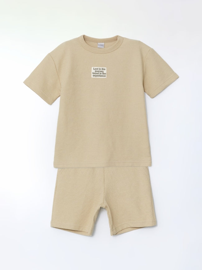 LCW Kids Beige Crew Neck Boy T-Shirt And Shorts Hover Image