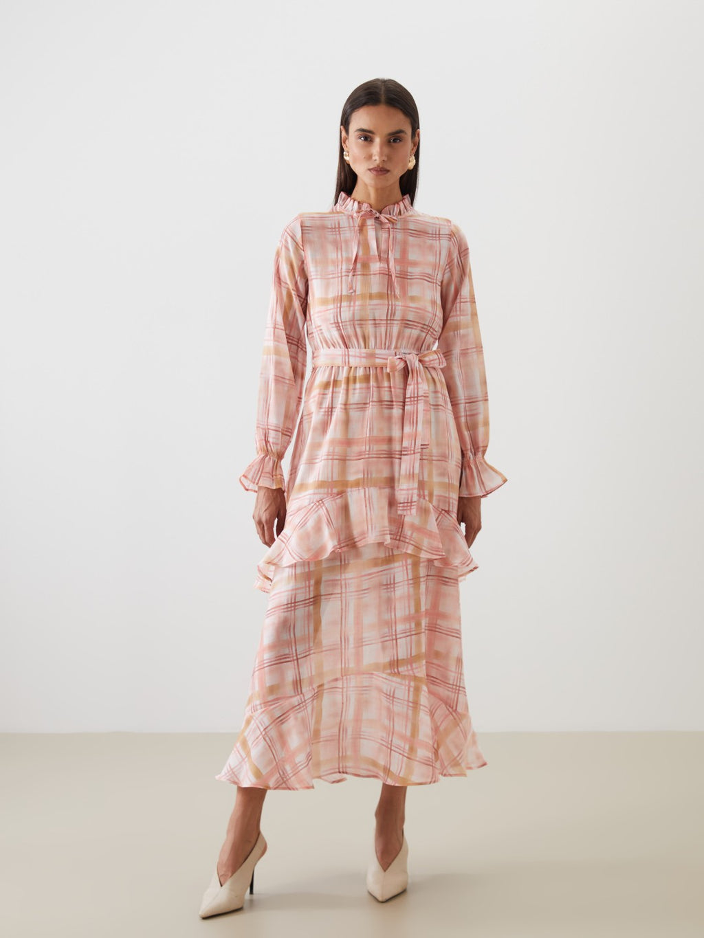LCW Modest Tie Collar Plaid Ruffle Dress