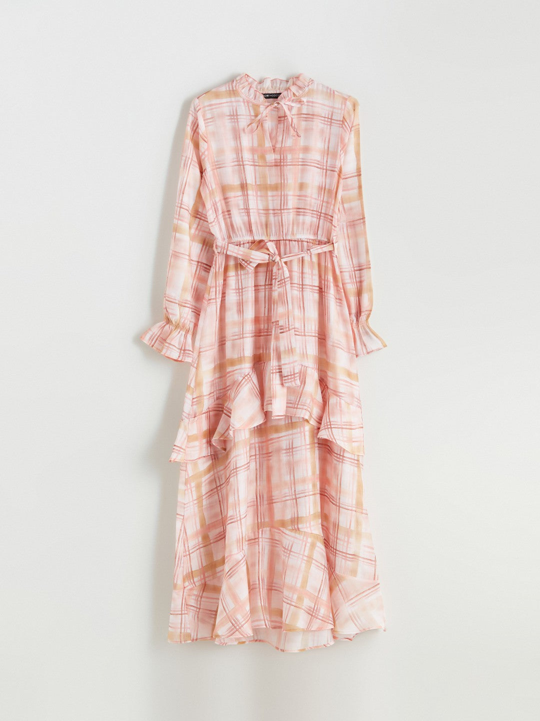 LCW Modest Tie Collar Plaid Ruffle Dress