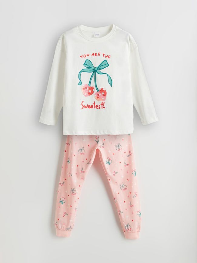 LCW Kids Ecru Crew Neck Girls Pajama Set Hover Image