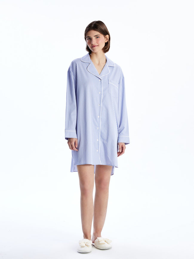 LCW Dream Blue Shirt Collar Striped Women Nightgown Hover Image