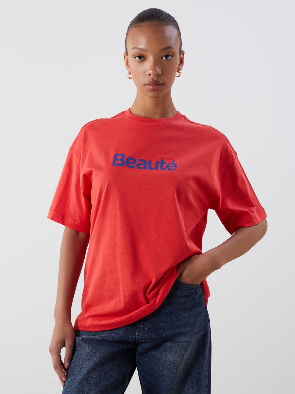 LCW Vision Red Crew Neck Printed Oversize Women T-Shirt