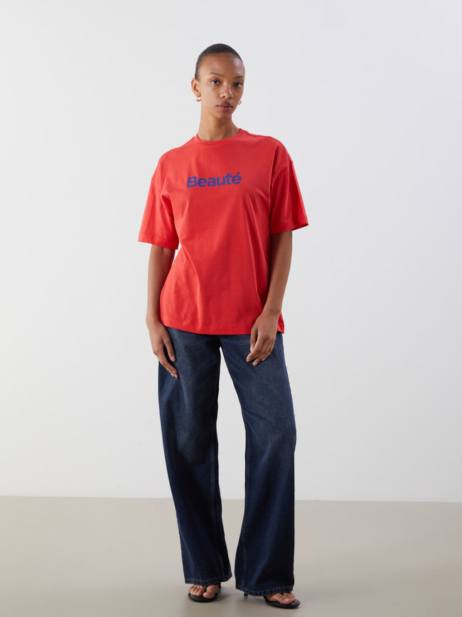 LCW Vision Red Crew Neck Printed Oversize Women T-Shirt Main Image