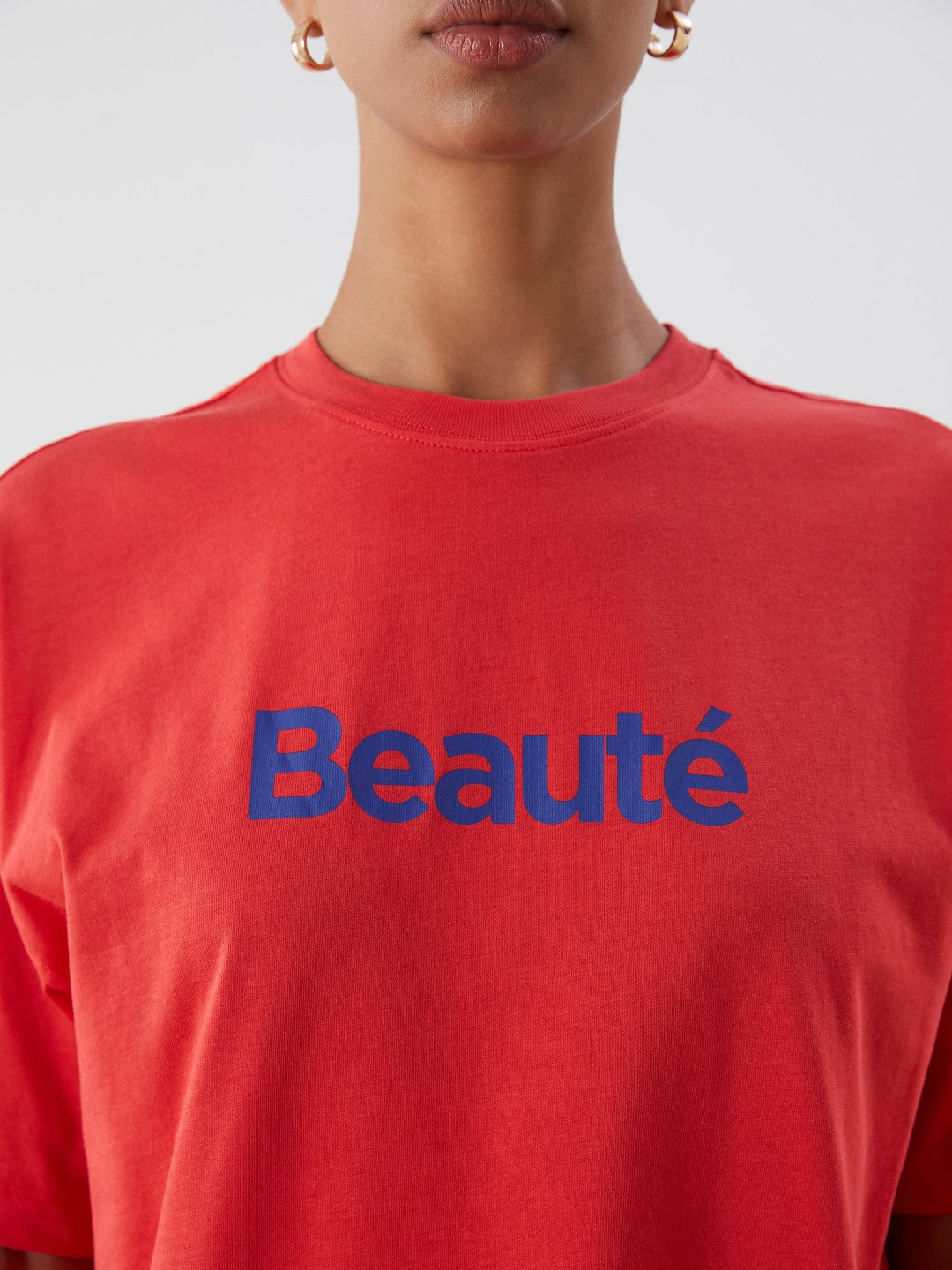 LCW Vision Red Crew Neck Printed Oversize Women T-Shirt