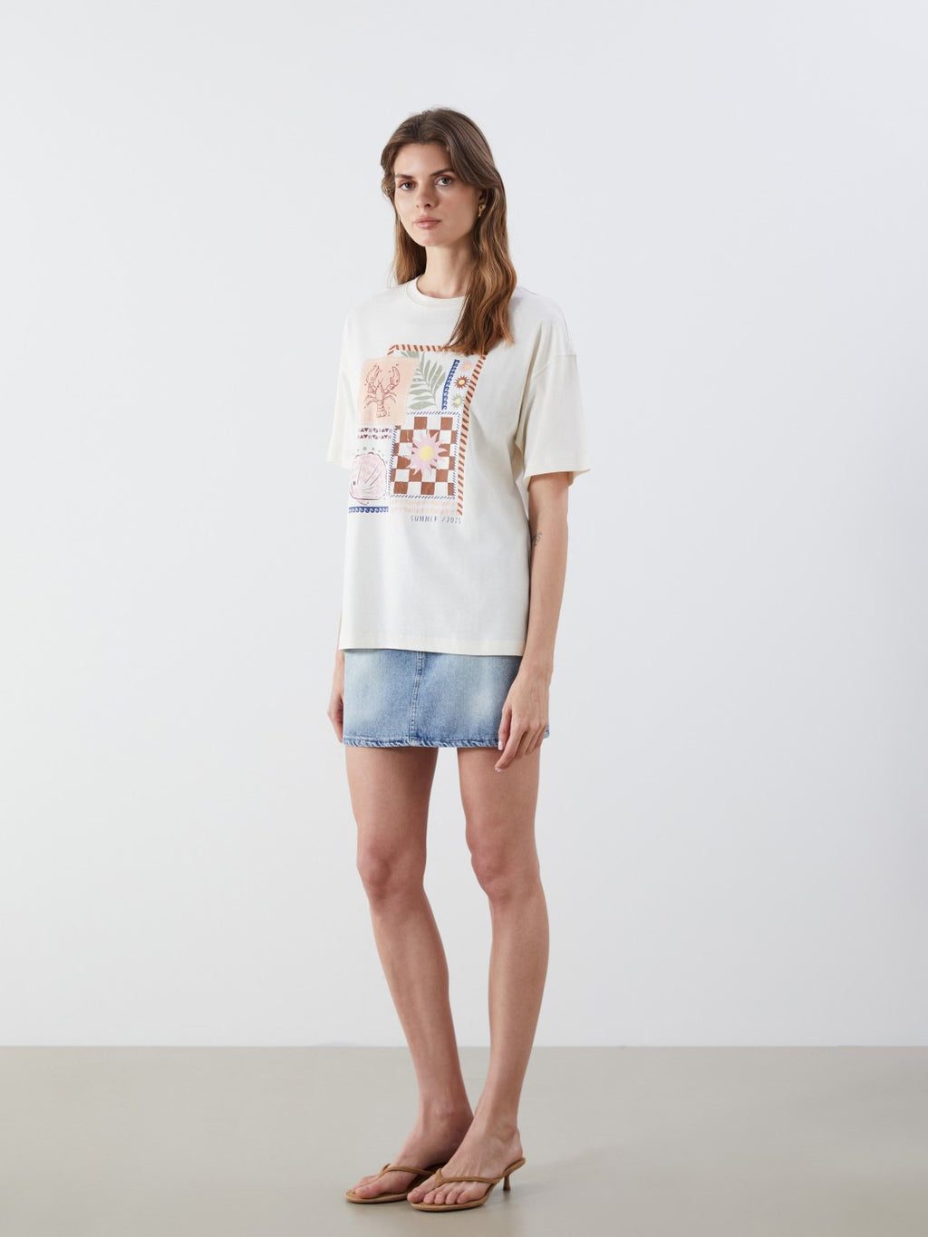 LCW Vision Ecru Crew Neck Printed Oversize Women T-Shirt