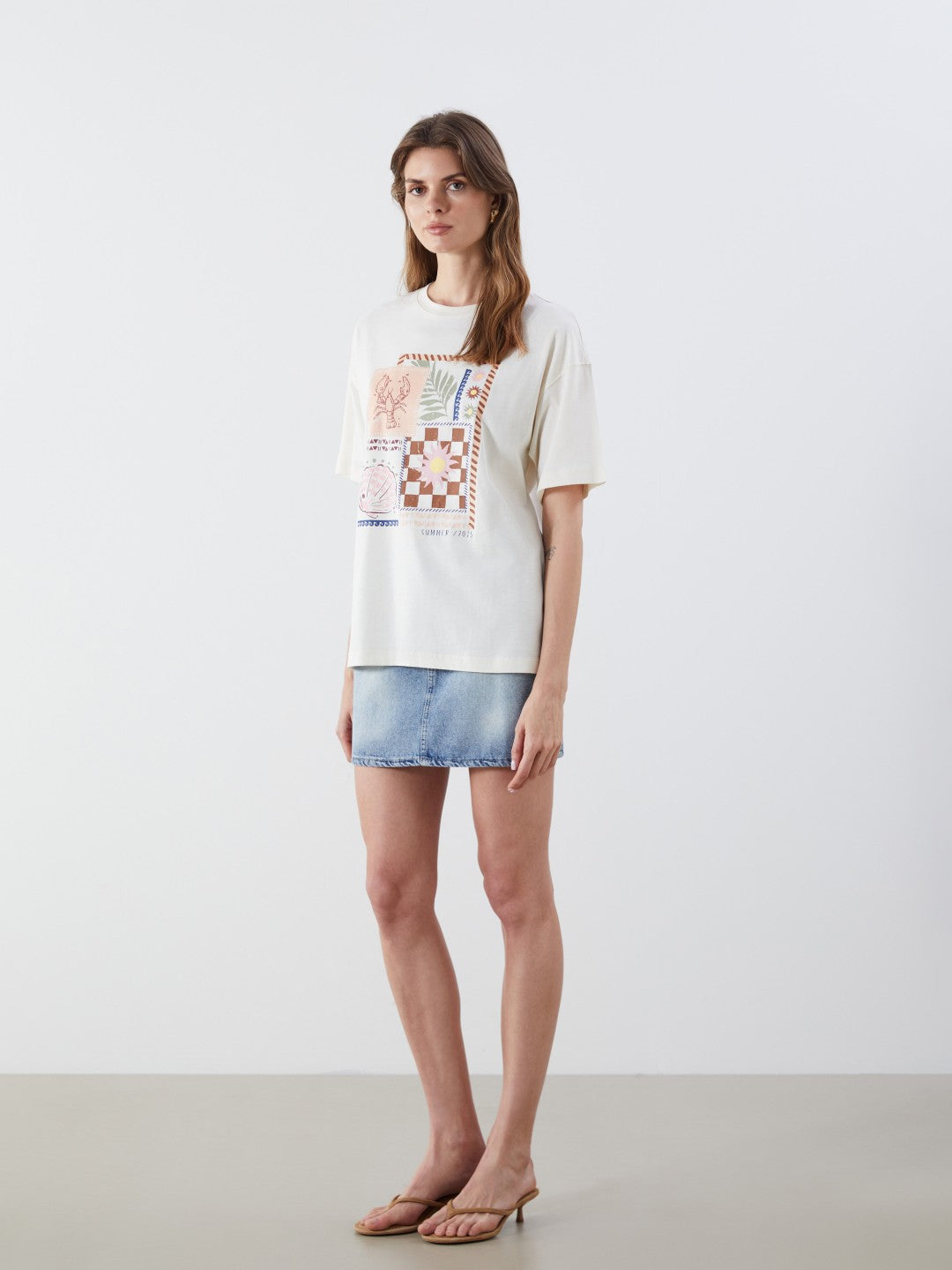 LCW Vision Ecru Crew Neck Printed Oversize Women T-Shirt