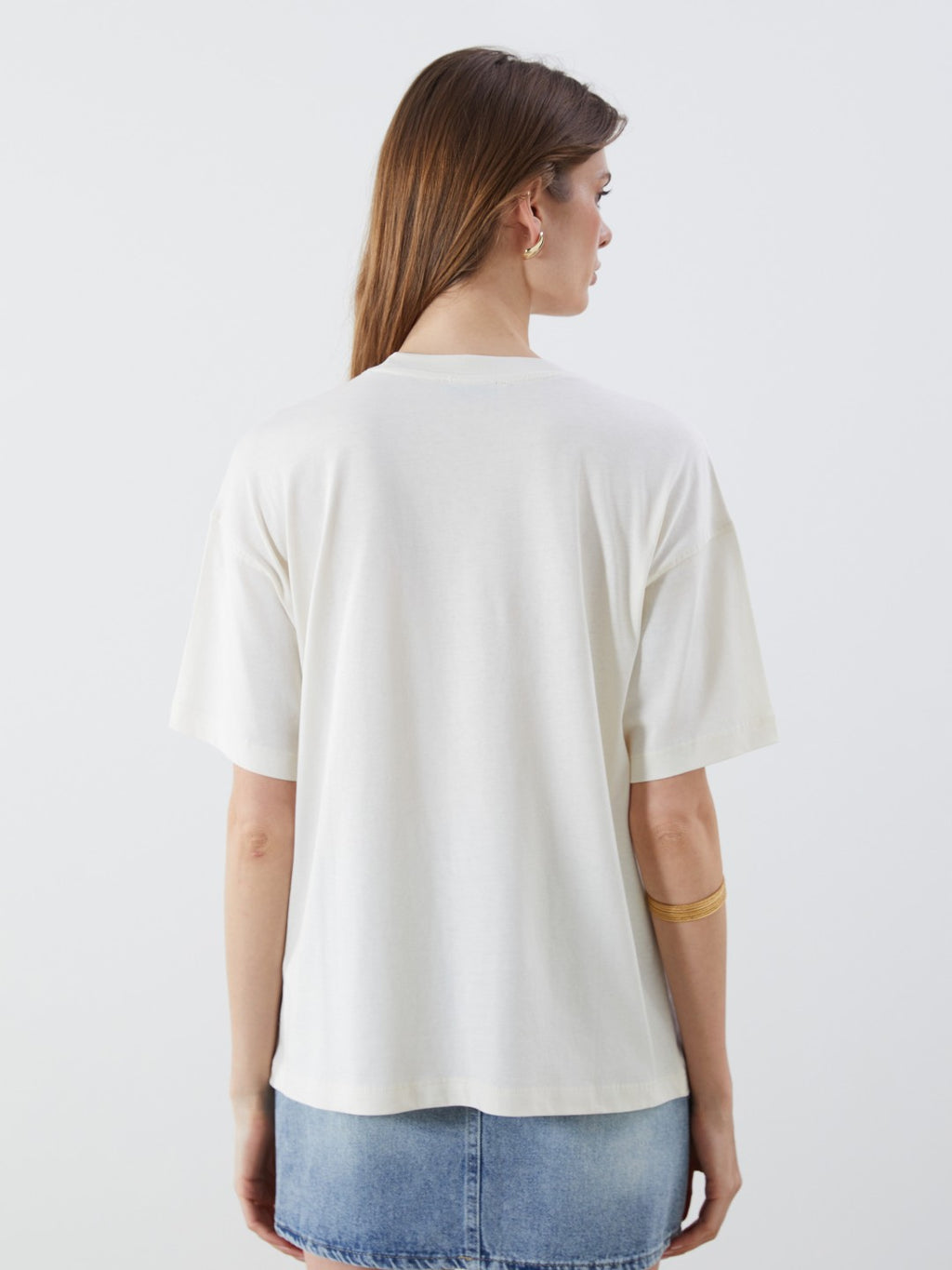 LCW Vision Ecru Crew Neck Printed Oversize Women T-Shirt