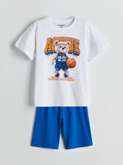 LCW Kids Crew Neck Teddy Bear Printed Boy Shorts Pajama Set