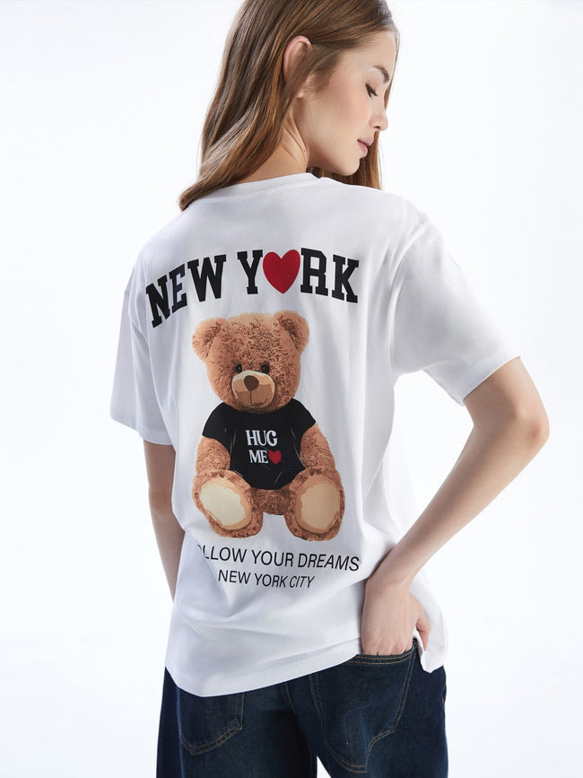 Xside White Crew Neck Teddy Bear Printed Women T-Shirt Hover Image