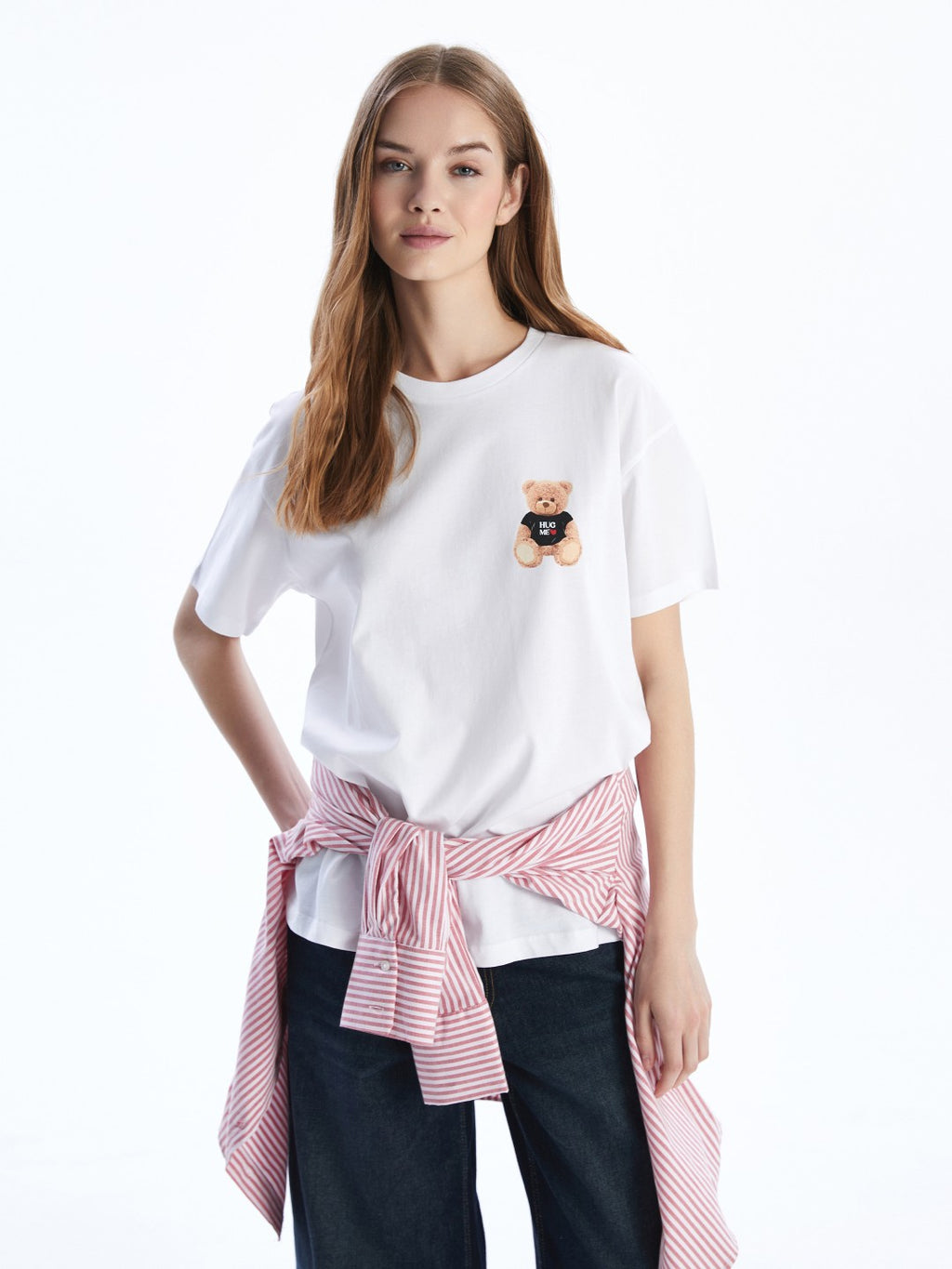 Xside White Crew Neck Teddy Bear Printed Women T-Shirt