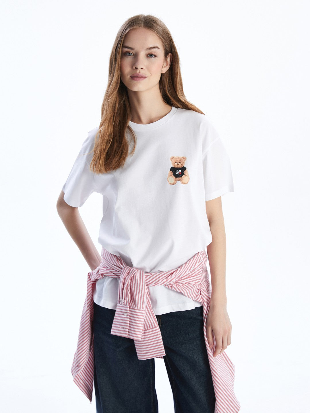 Xside White Crew Neck Teddy Bear Printed Women T-Shirt