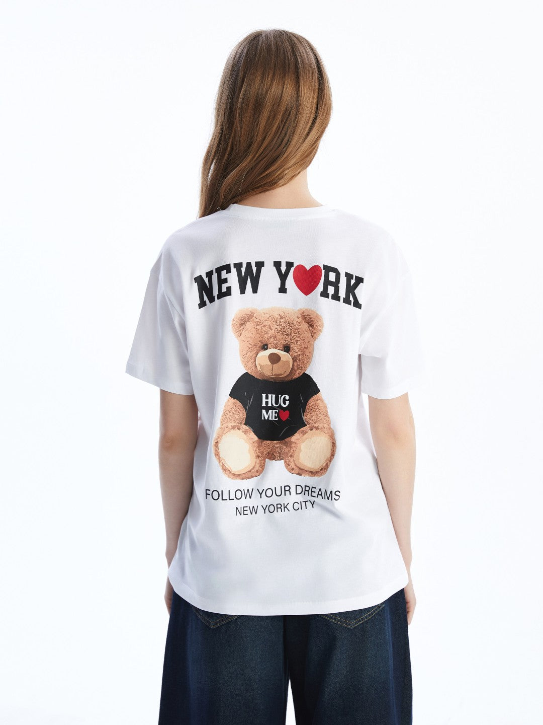 Xside White Crew Neck Teddy Bear Printed Women T-Shirt