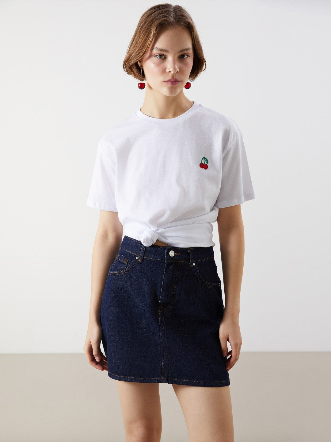 Xside White Crew Neck Cherry Embroidered Women T-Shirt