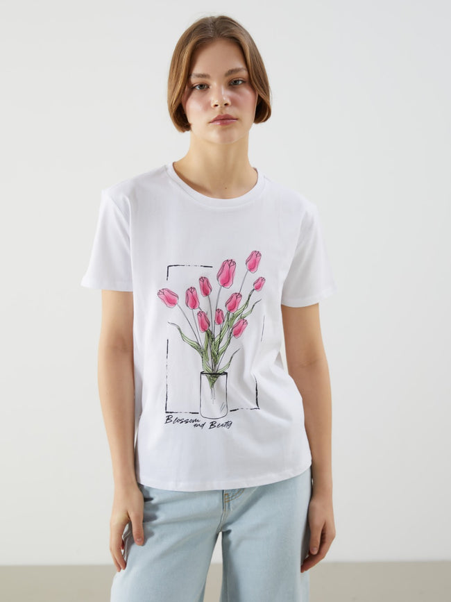 Xside White Crew Neck Rose Printed Women T-Shirt Hover Image