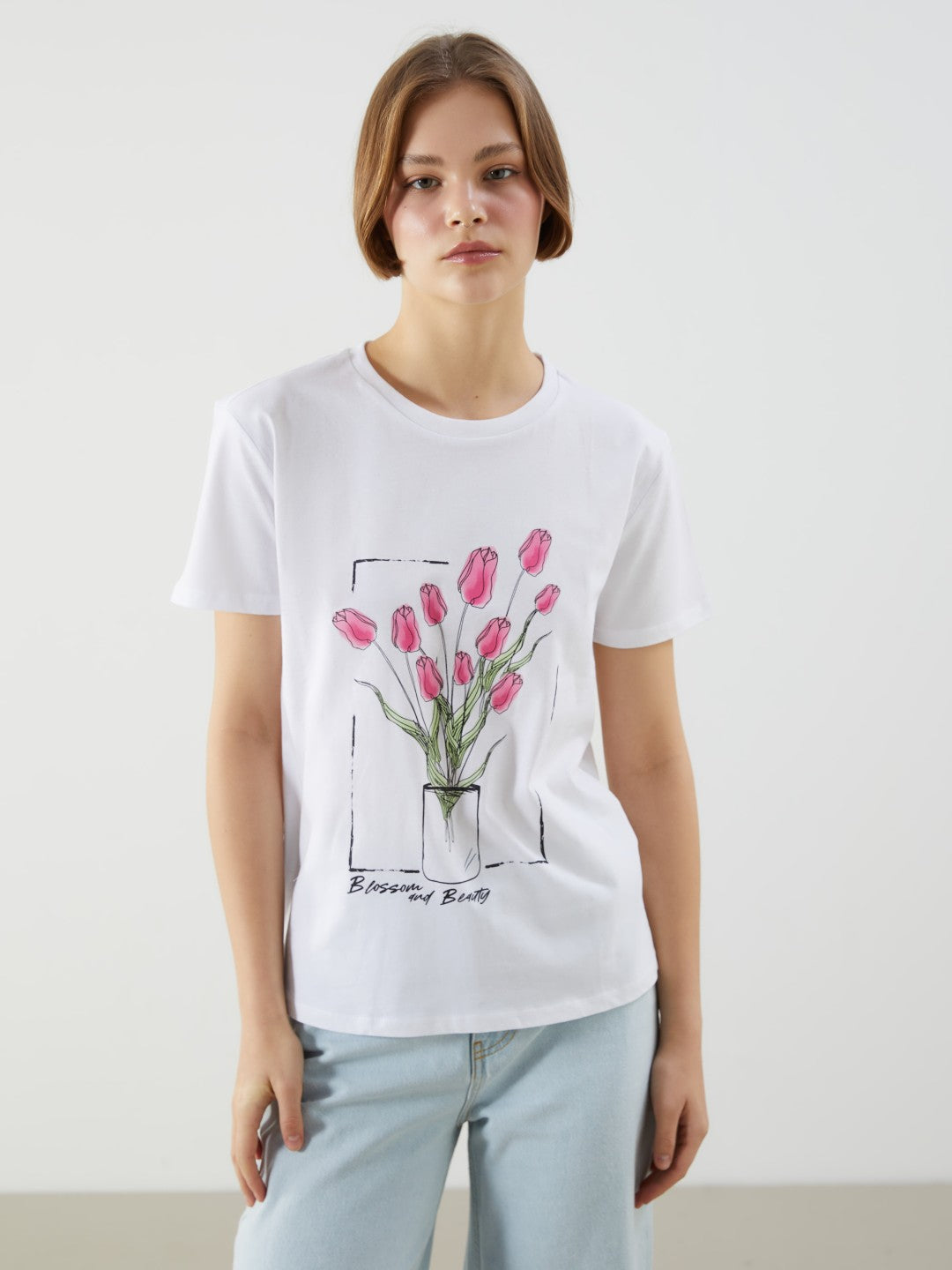 Xside White Crew Neck Rose Printed Women T-Shirt
