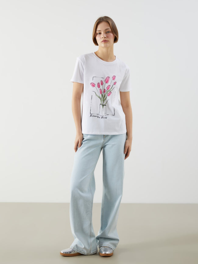 Xside White Crew Neck Rose Printed Women T-Shirt Main Image