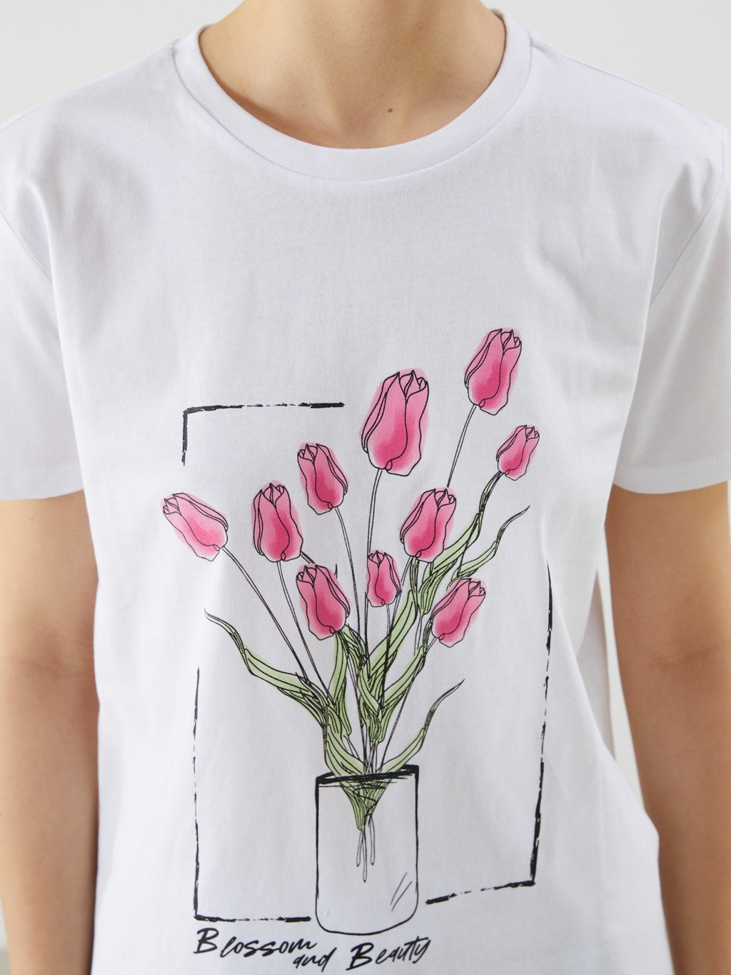 Xside White Crew Neck Rose Printed Women T-Shirt