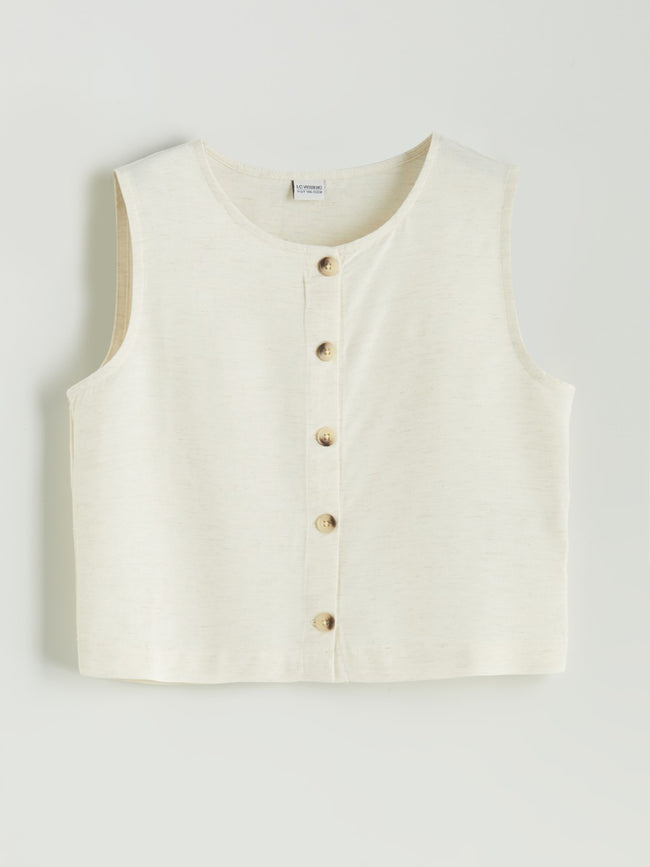 LCW Kids Crew Neck Linen Blend GirlS Shirt Hover Image