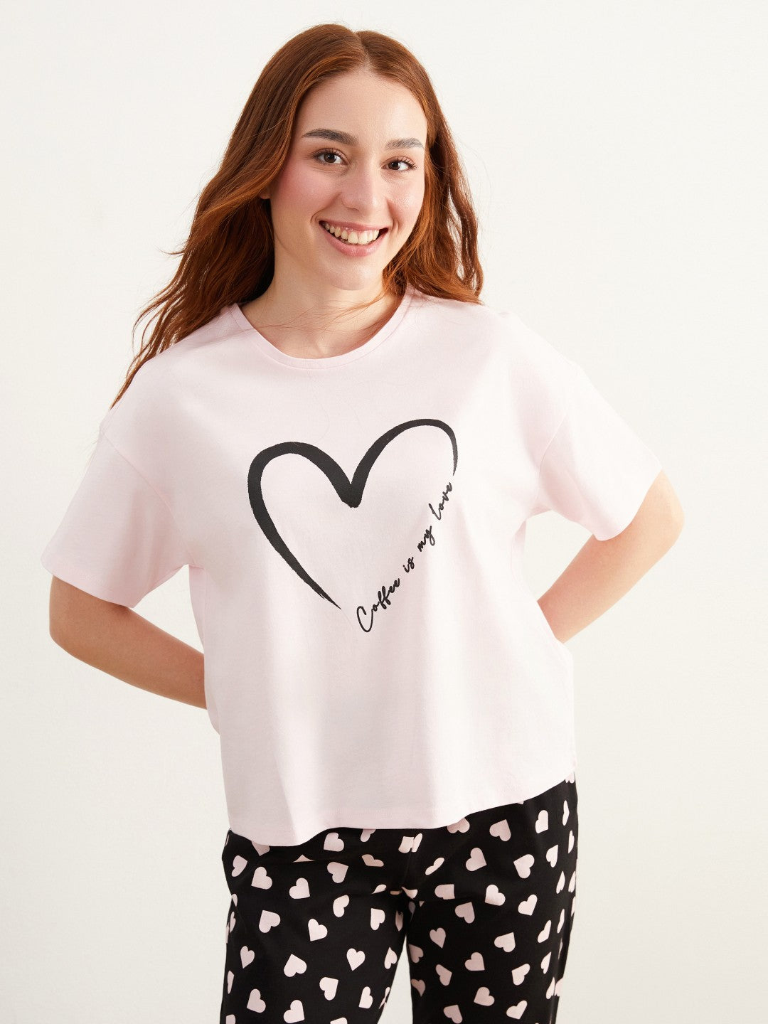 LCW Dream Black Petite Crew Neck Printed Women Pajama Set