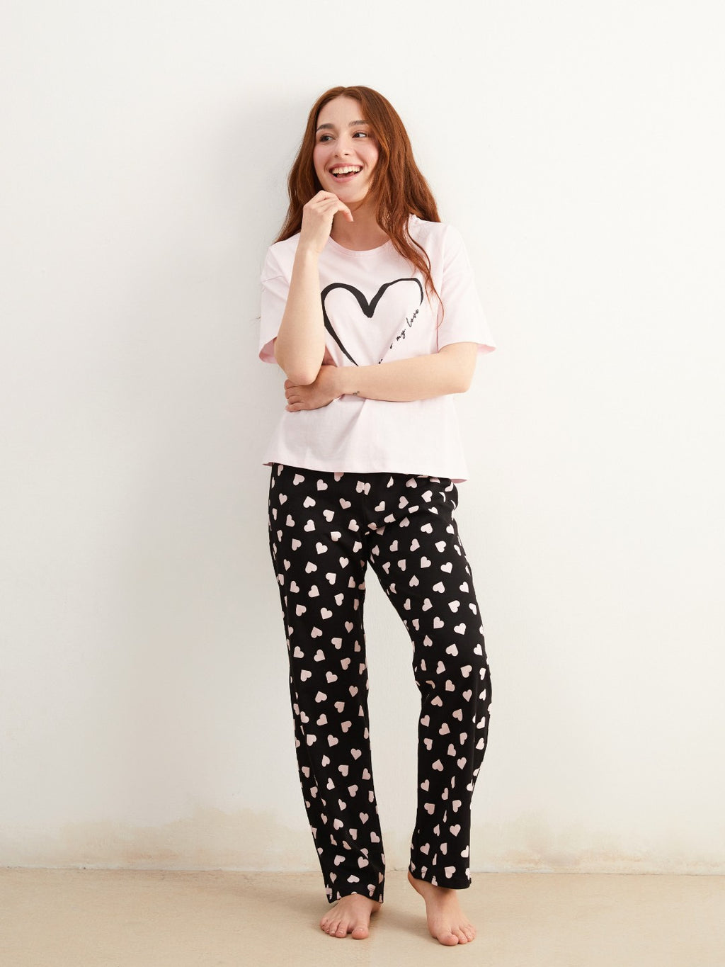 LCW Dream Black Petite Crew Neck Printed Women Pajama Set