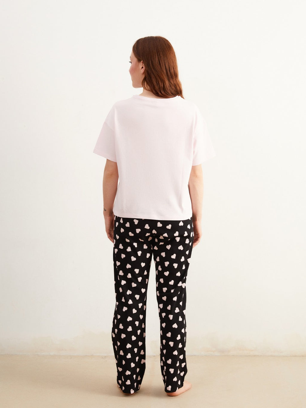 LCW Dream Black Petite Crew Neck Printed Women Pajama Set