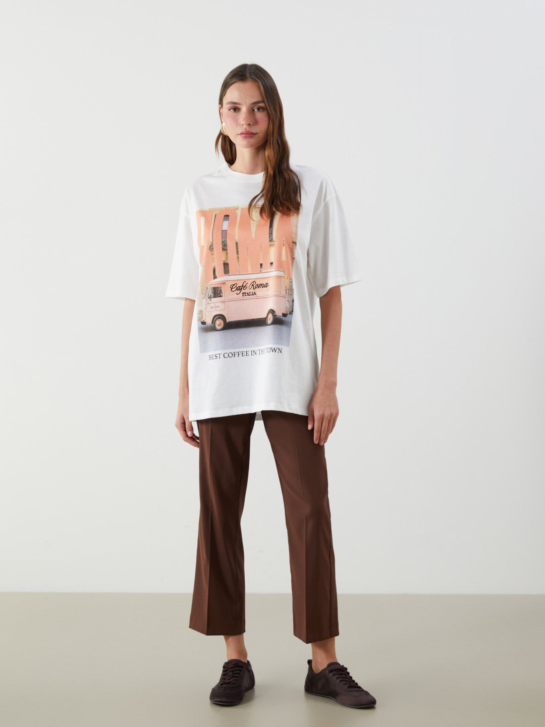 LCW Vision Ecru Crew Neck Roman Printed Oversize Women T-Shirt