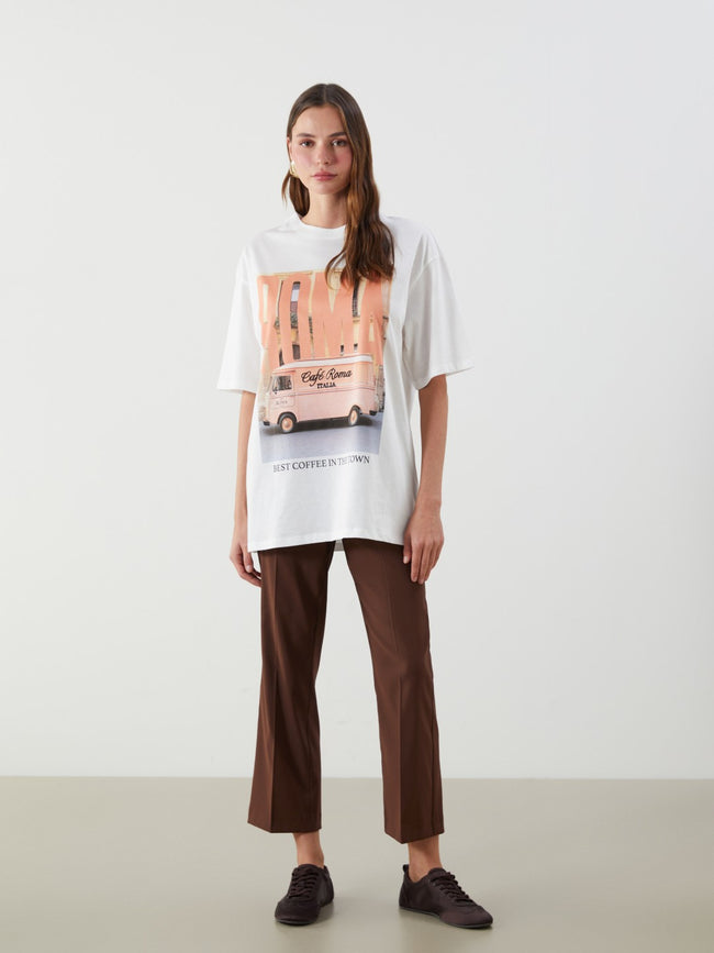 LCW Vision Ecru Crew Neck Roman Printed Oversize Women T-Shirt Main Image