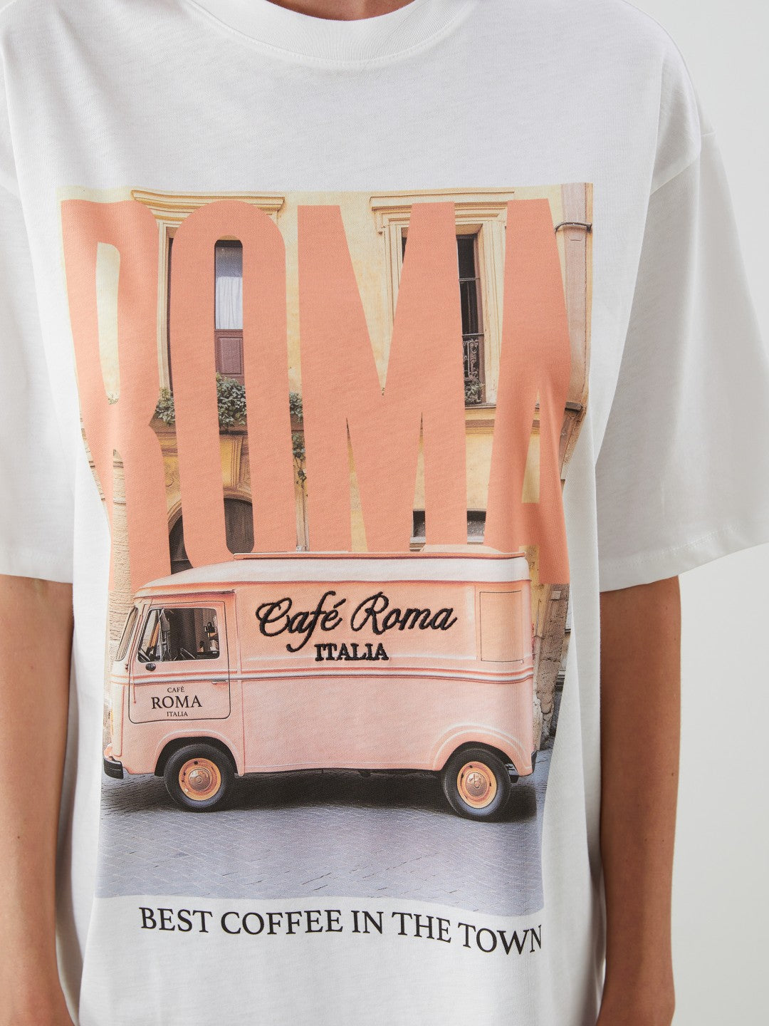 LCW Vision Ecru Crew Neck Roman Printed Oversize Women T-Shirt