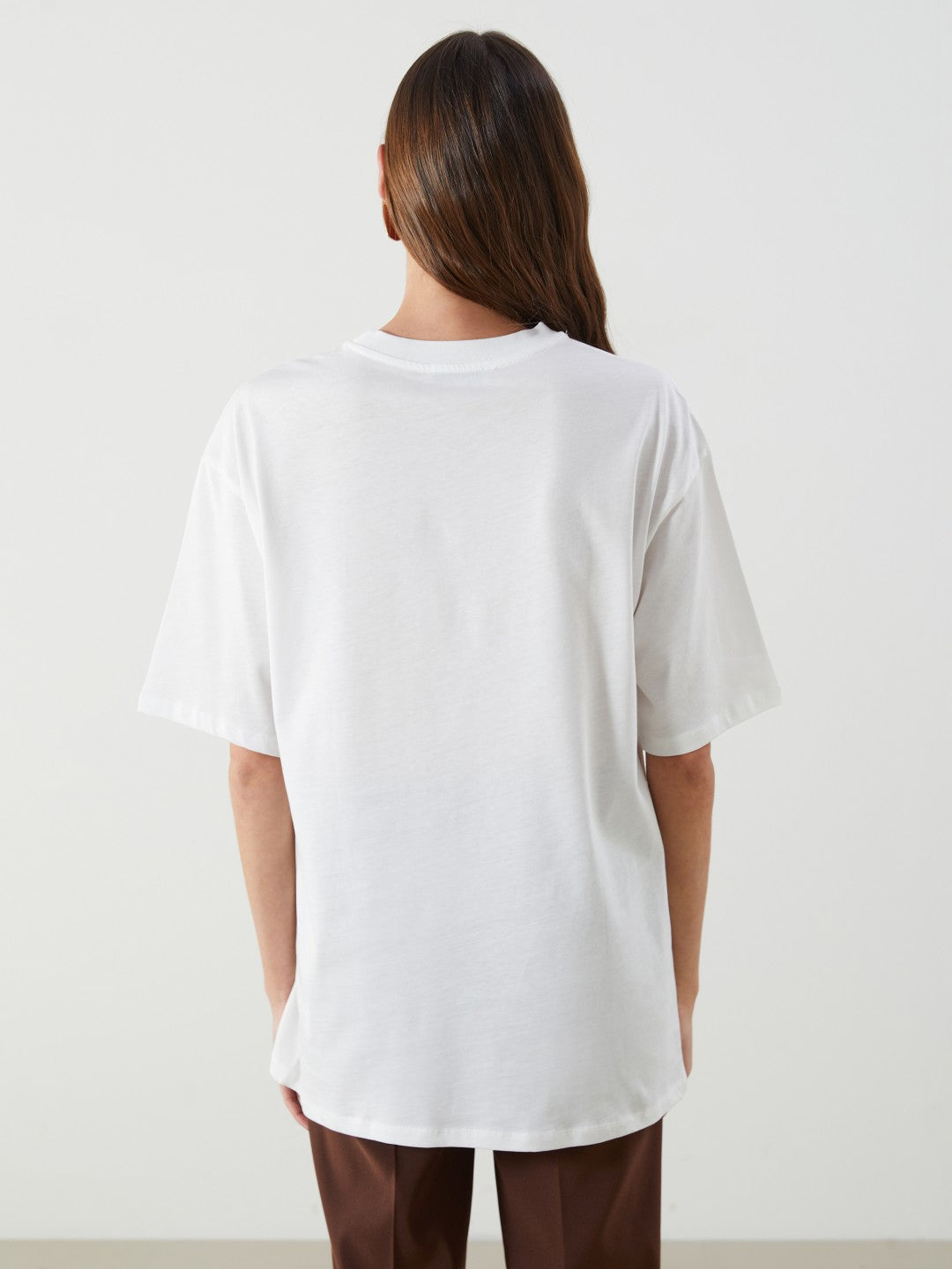 LCW Vision Ecru Crew Neck Roman Printed Oversize Women T-Shirt