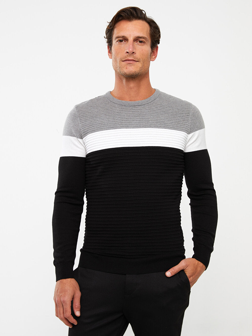 Crew Neck Long Sleeve Color Block Men Knitwear Sweater