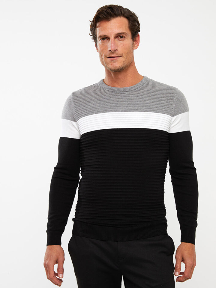 Crew Neck Long Sleeve Color Block Men Knitwear Sweater