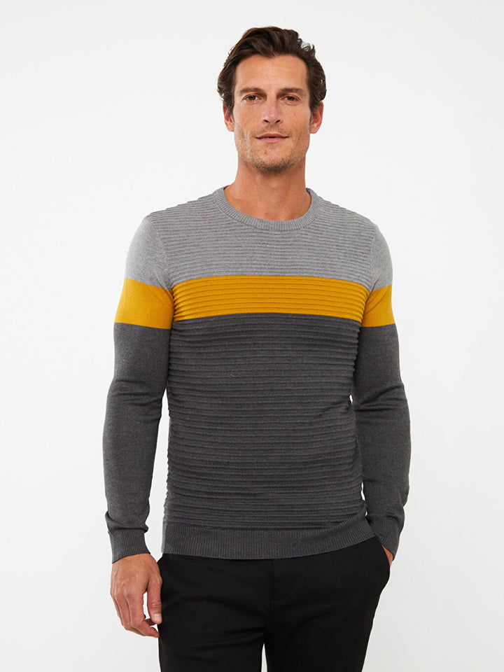 Crew Neck Long Sleeve Color Block Men Knitwear Sweater