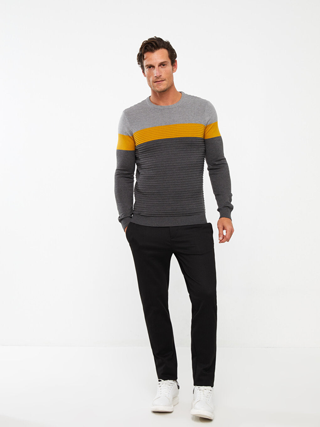 Crew Neck Long Sleeve Color Block Men Knitwear Sweater