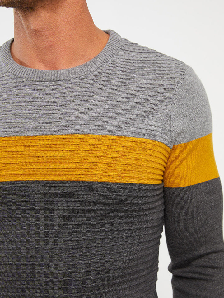 Crew Neck Long Sleeve Color Block Men Knitwear Sweater