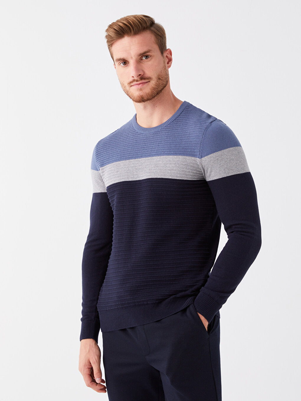 Crew Neck Long Sleeve Color Block Men Knitwear Sweater