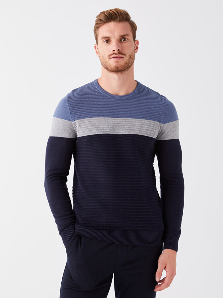 Crew Neck Long Sleeve Color Block Men Knitwear Sweater