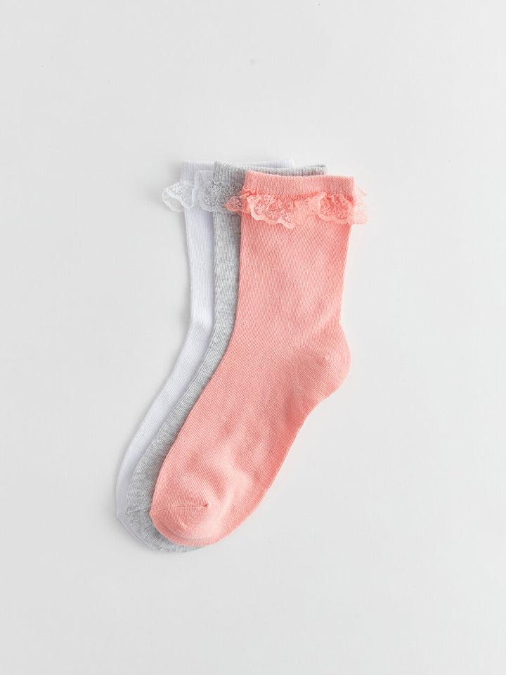 Lace Detailed Girls Socks 3-Piece
